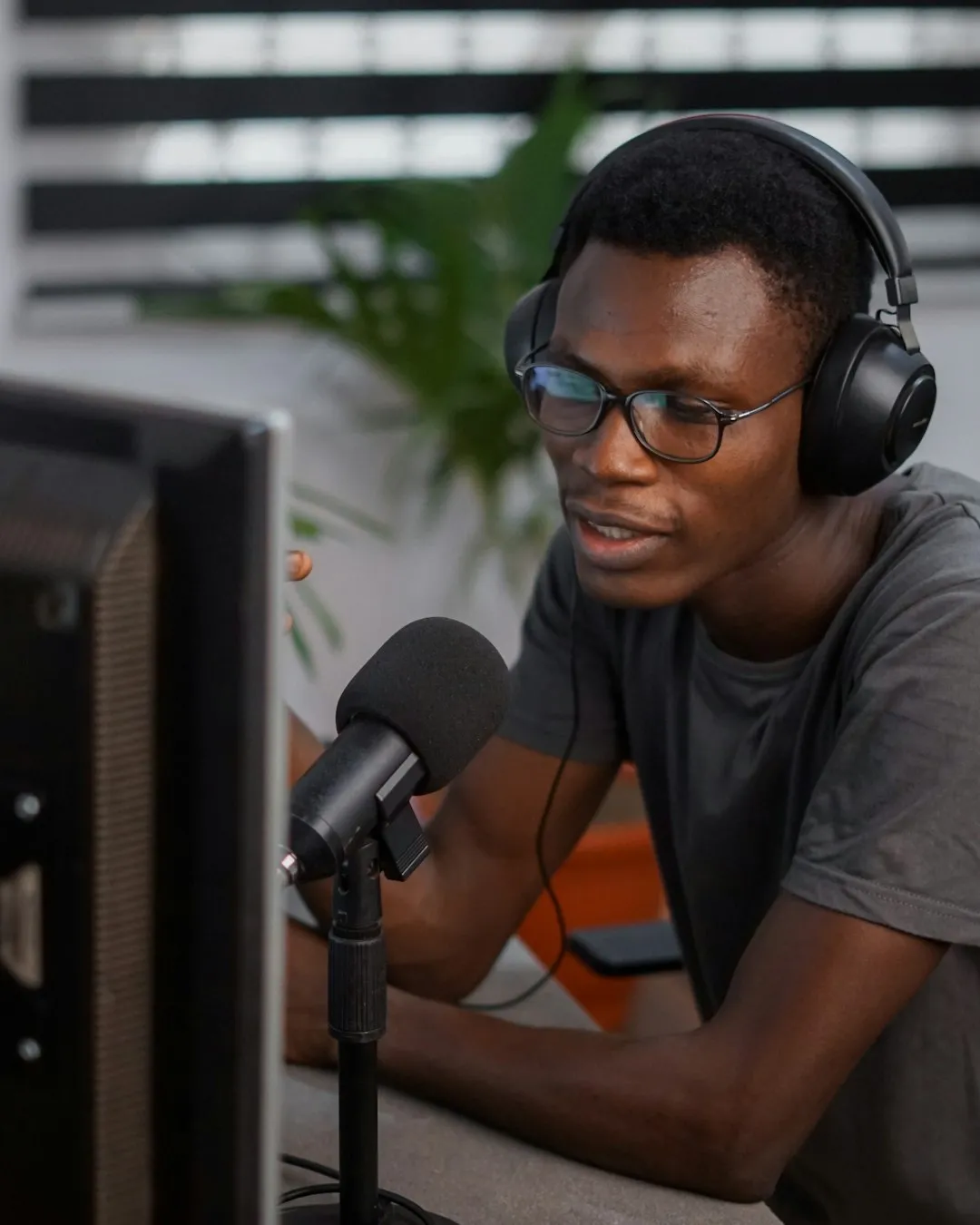 Podcast recording setup with headphones