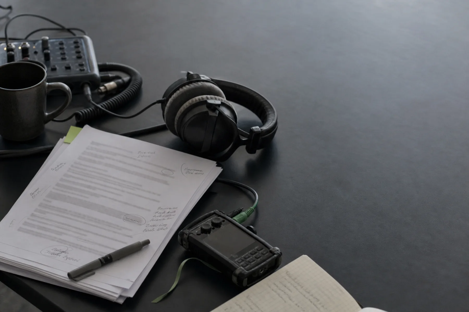 Podcast-Arbeitsplatz mit Transkript, Kopfhörern und Audiorecorder