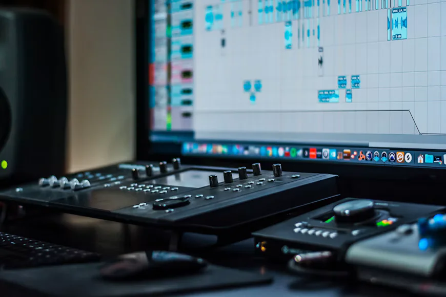 Audio-Arbeitsplatz mit Software auf dem Bildschirm und Steuergeräten im Vordergrund