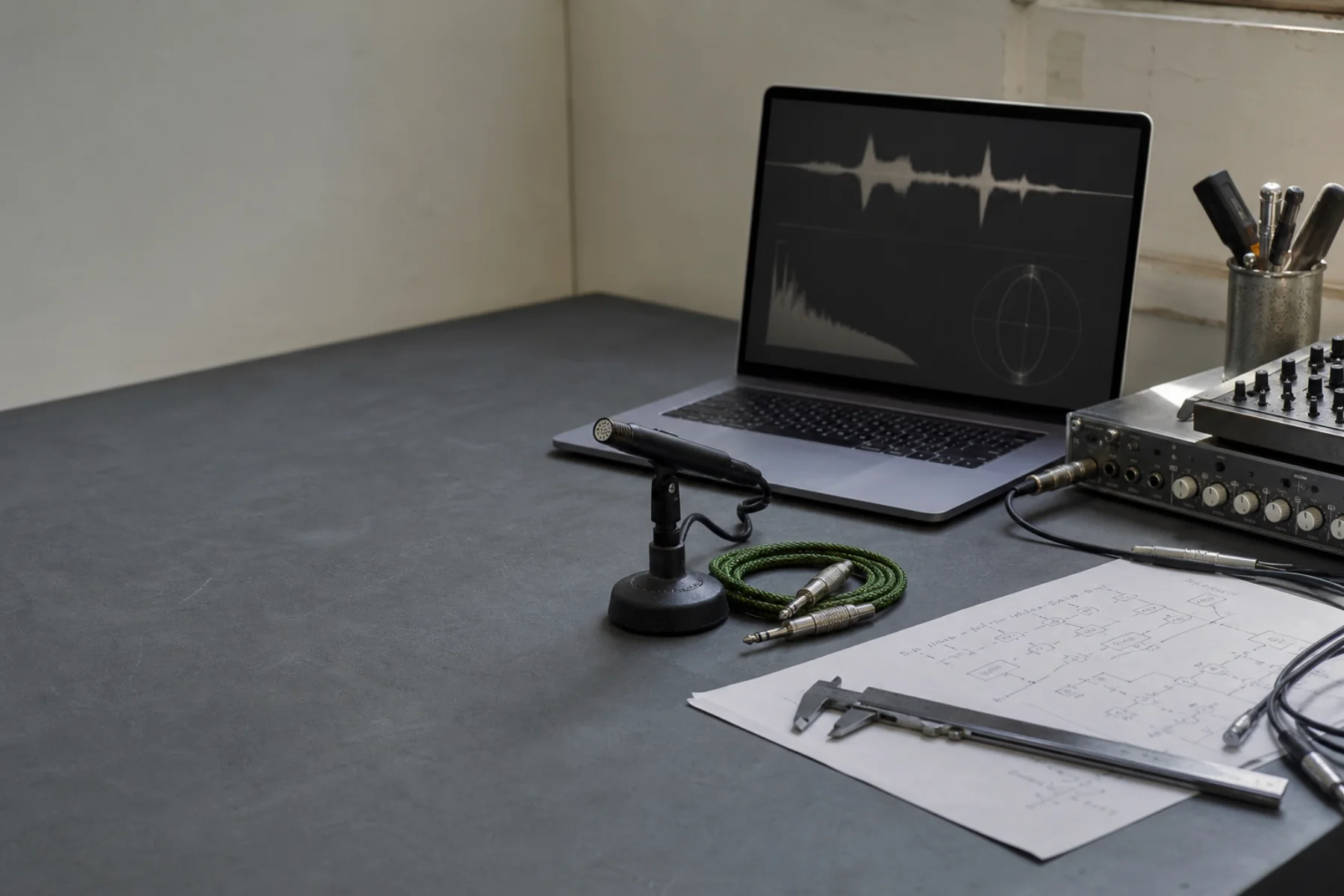 Audio-Arbeitsplatz mit Messmikrofon, Laptop und technischen Notizen